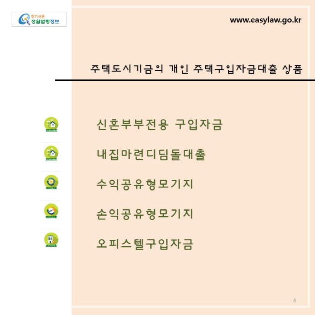 주택 도시기금의 개인주택구입자금 대출 상품은 1. 신혼부부전용 구입자금, 2. 내집마련디딤돌대출, 3. 수익공유형모기지, 4. 손익공유형모기지, 5. 오피스텔구입자금 이 있습니다.